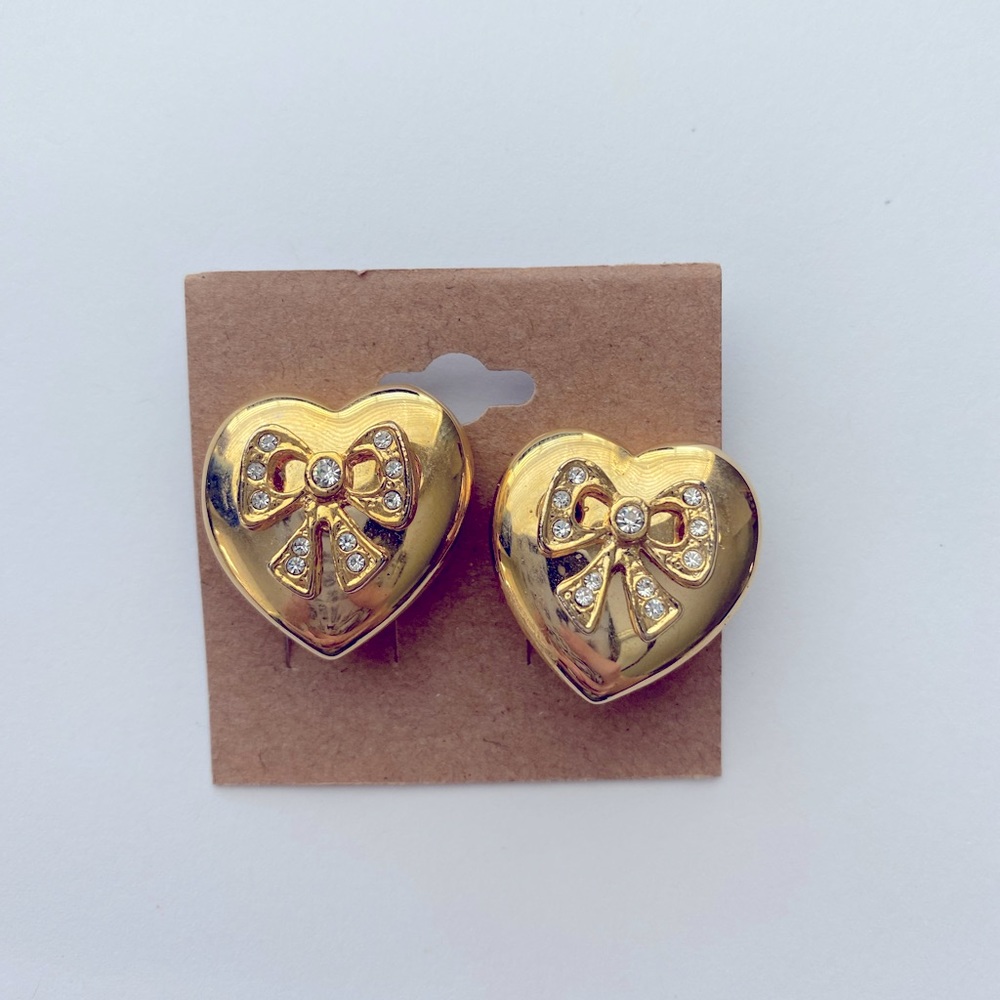 Beautiful Vintage Gold Clip on Earrings. Large hearts with diamond ribbons.